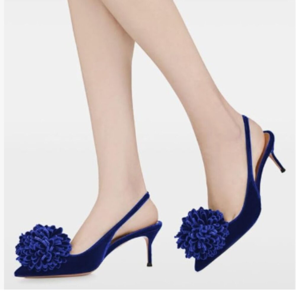 Pazzion Blue Velvet Pompom Stiletto Heel Pumps Pointed Toe Slip On Elastic Shoes